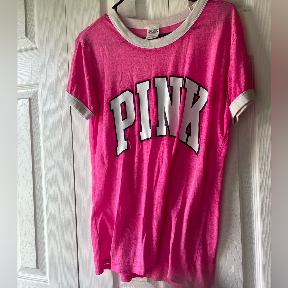 PINK Victoria's Secret Hot Pink Ringer Tee with White Trim